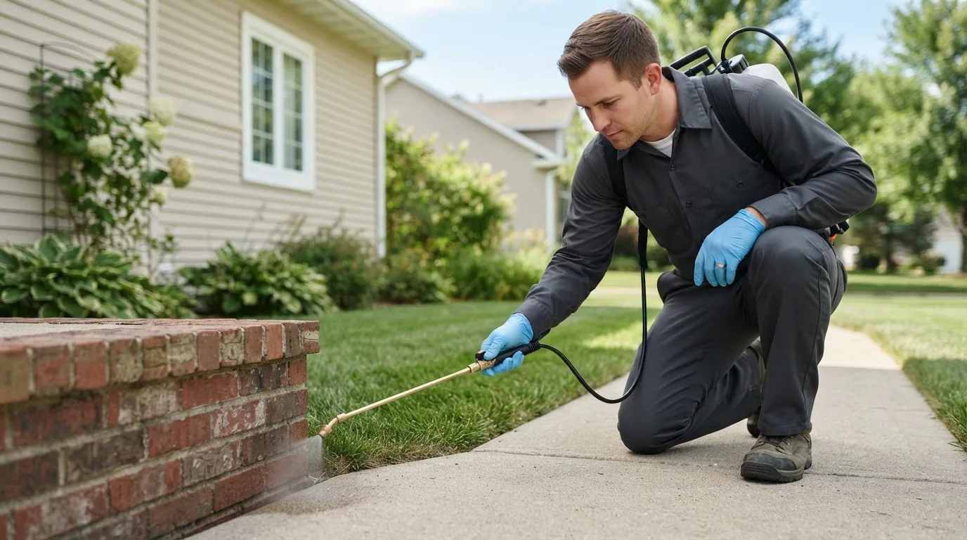 Pest control technician treating a home near Biddle, MT